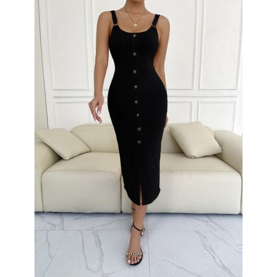 Ribbed Slit Decorative Button Cami Dress Black / S Clothing