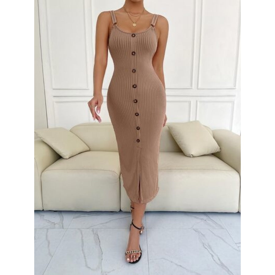 Ribbed Slit Decorative Button Cami Dress Camel / S Clothing