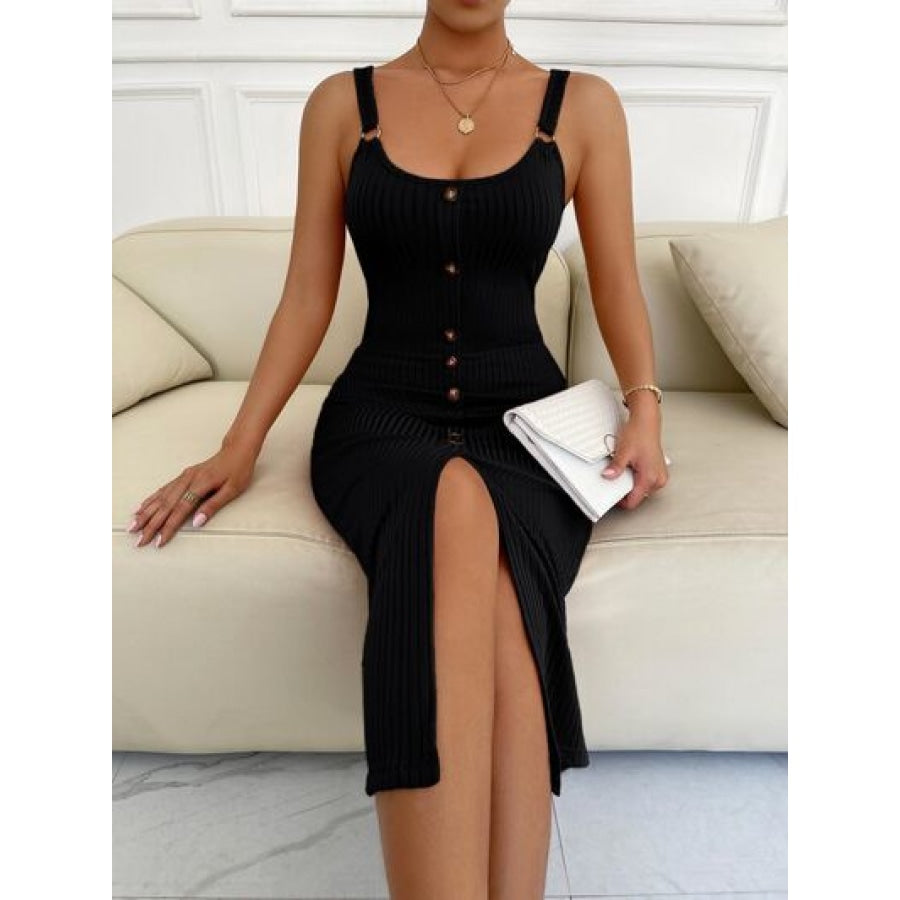 Ribbed Slit Decorative Button Cami Dress Clothing