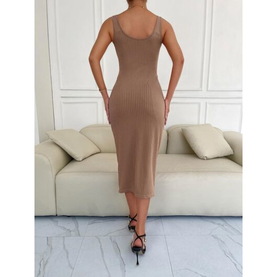 Ribbed Slit Decorative Button Cami Dress Clothing