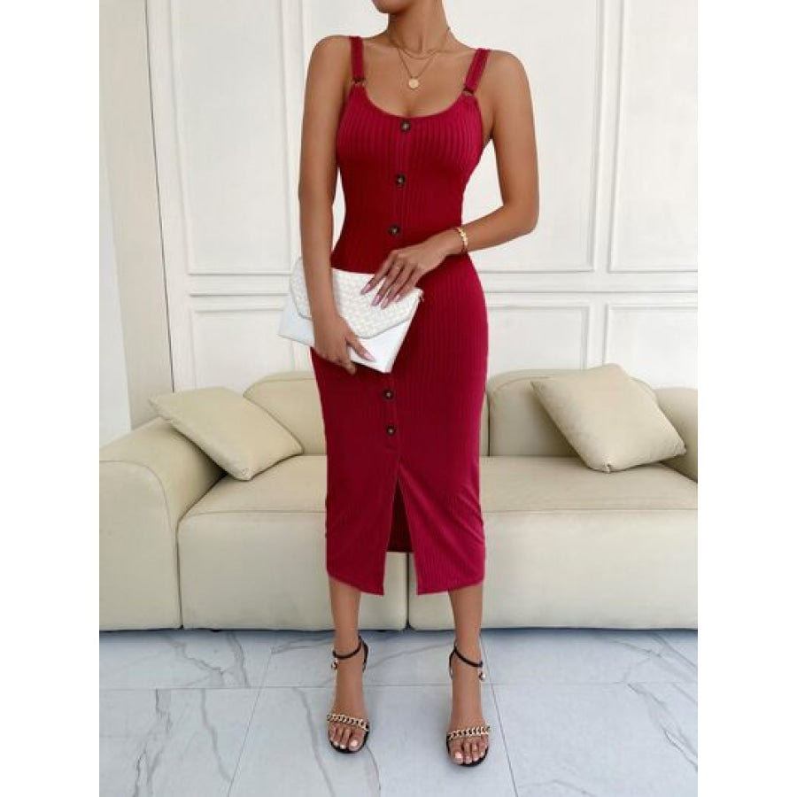 Ribbed Slit Decorative Button Cami Dress Deep Red / S Clothing