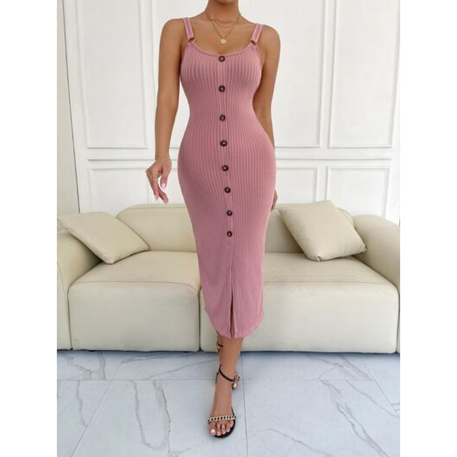 Ribbed Slit Decorative Button Cami Dress Dusty Pink / S Clothing