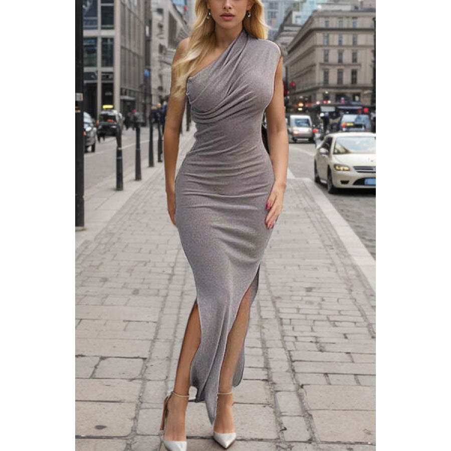 Ribbed Slit Single Shoulder Wrap Dress Heather Gray / S Apparel and Accessories