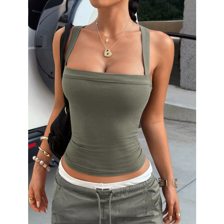Ribbed Square Neck Cami Army Green / S Apparel and Accessories