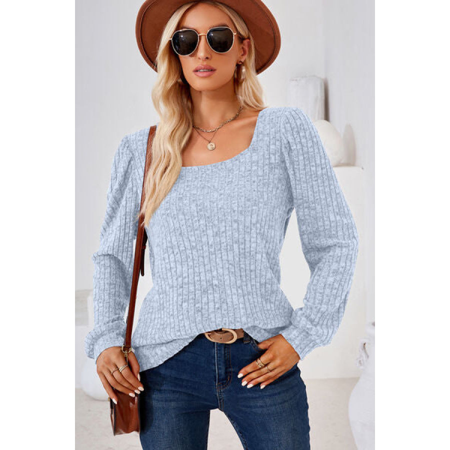 Ribbed Square Neck Long Sleeve T - Shirt Apparel and Accessories