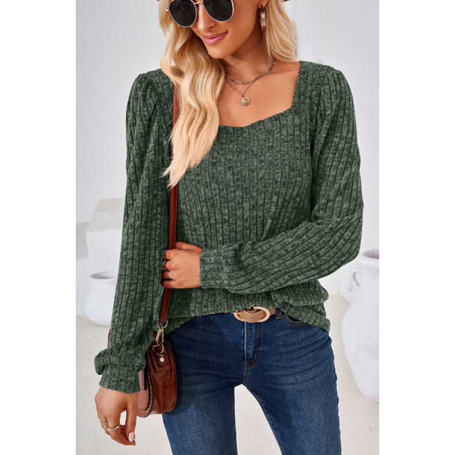 Ribbed Square Neck Long Sleeve T - Shirt Apparel and Accessories