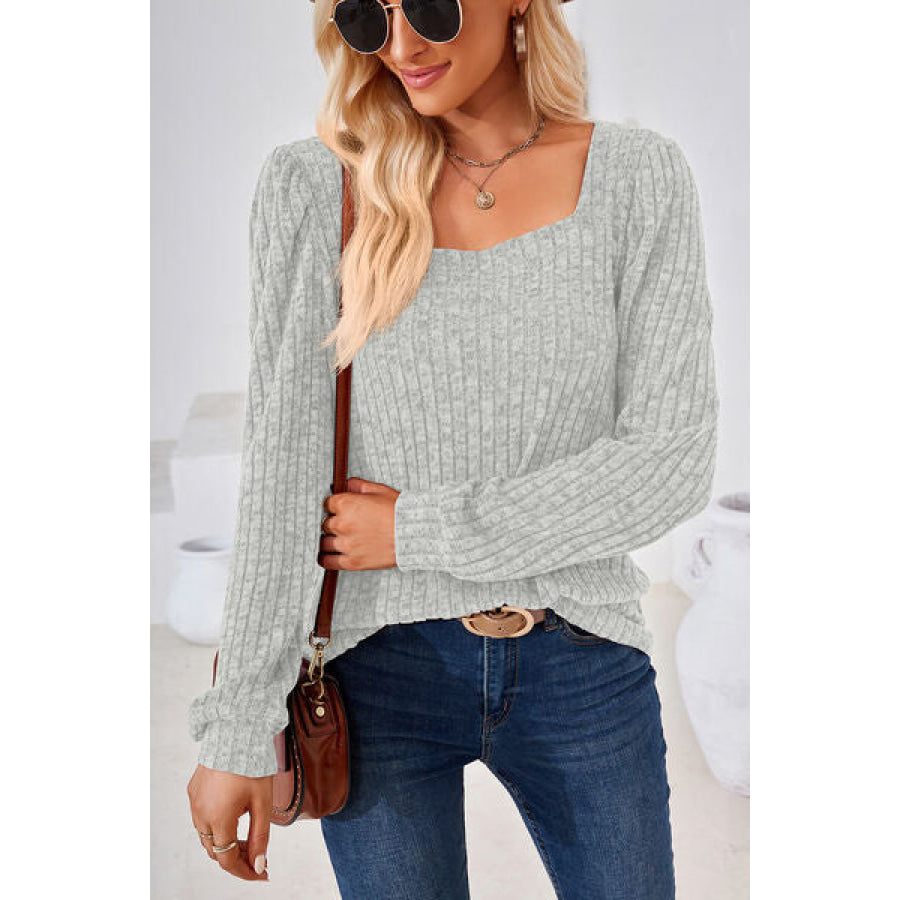Ribbed Square Neck Long Sleeve T - Shirt Apparel and Accessories