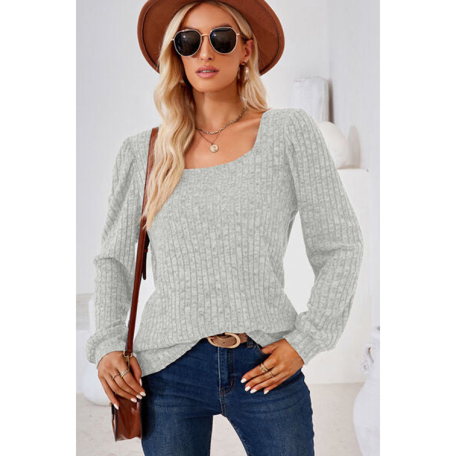 Ribbed Square Neck Long Sleeve T - Shirt Apparel and Accessories