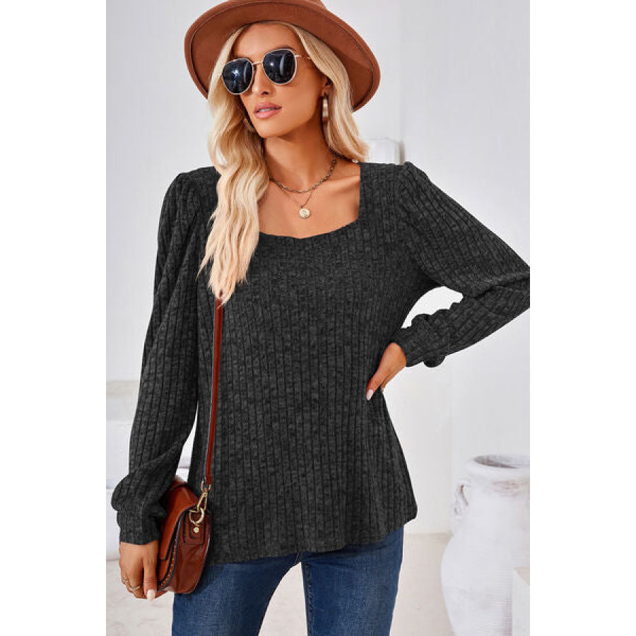 Ribbed Square Neck Long Sleeve T - Shirt Apparel and Accessories