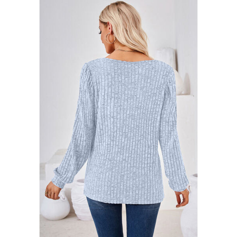Ribbed Square Neck Long Sleeve T - Shirt Apparel and Accessories