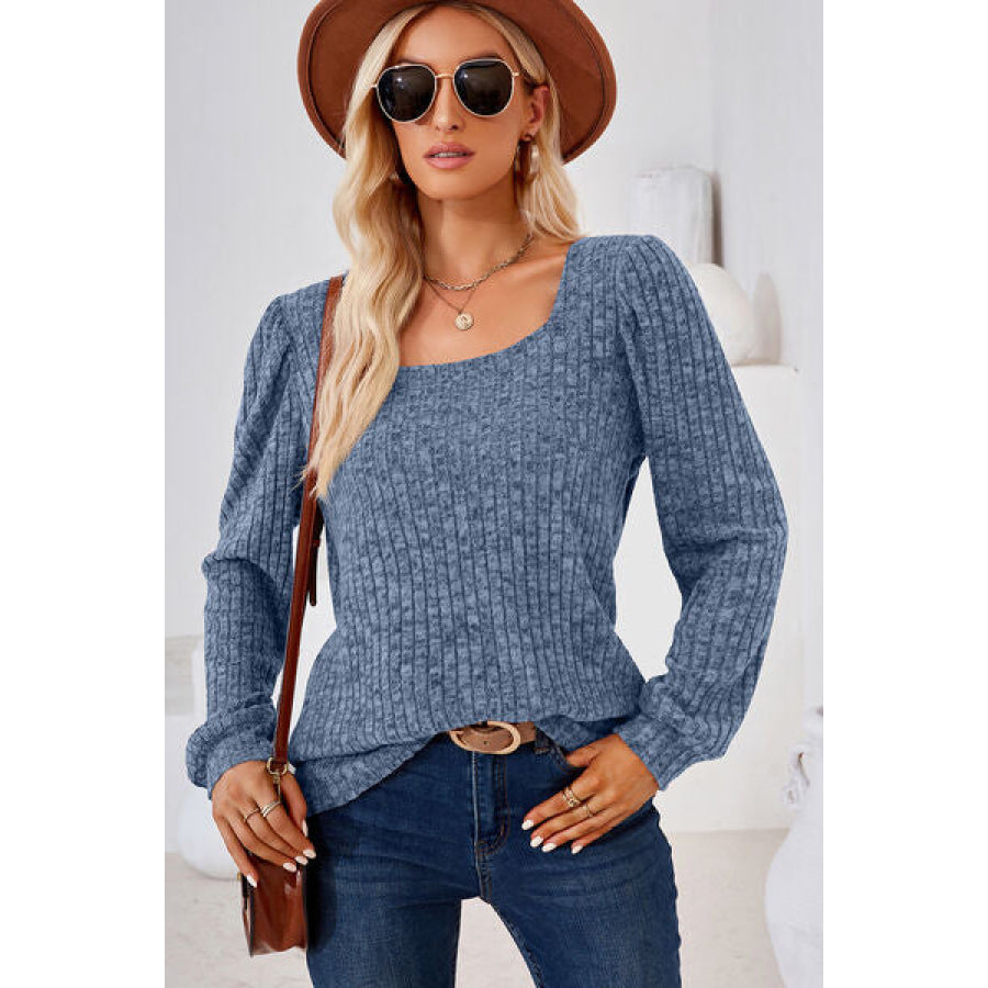 Ribbed Square Neck Long Sleeve T - Shirt Apparel and Accessories