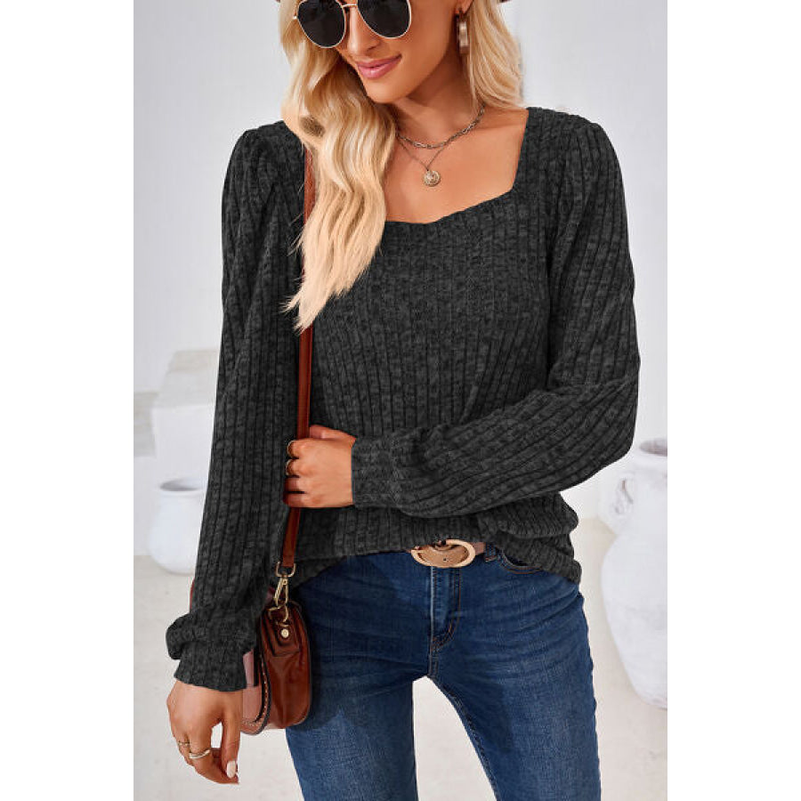 Ribbed Square Neck Long Sleeve T - Shirt Apparel and Accessories