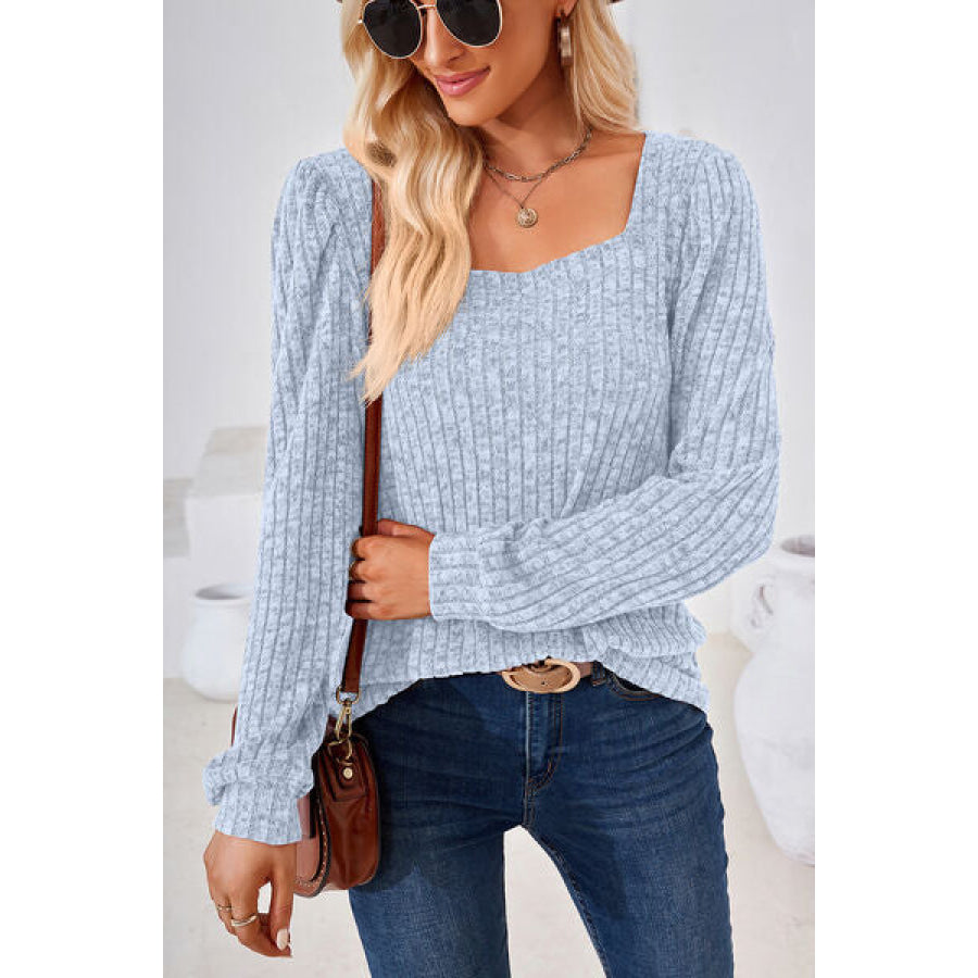 Ribbed Square Neck Long Sleeve T - Shirt Apparel and Accessories