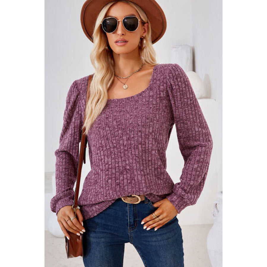 Ribbed Square Neck Long Sleeve T - Shirt Apparel and Accessories