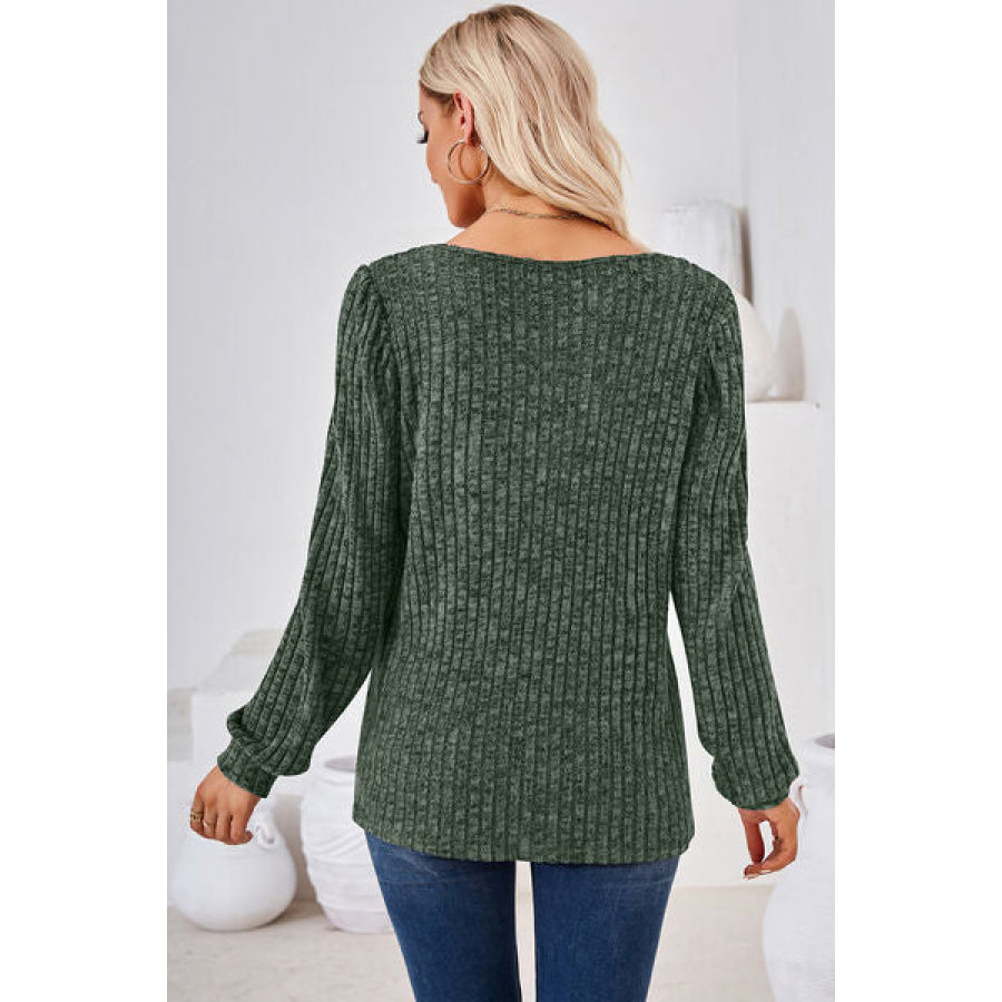 Ribbed Square Neck Long Sleeve T - Shirt Apparel and Accessories
