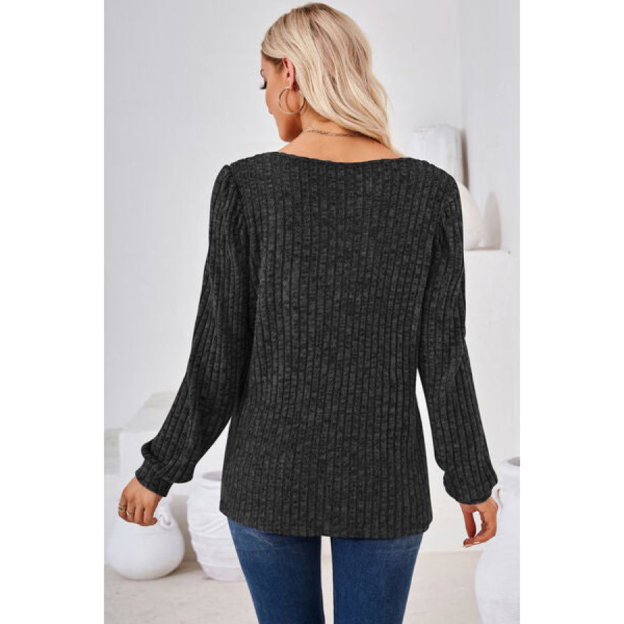 Ribbed Square Neck Long Sleeve T - Shirt Apparel and Accessories