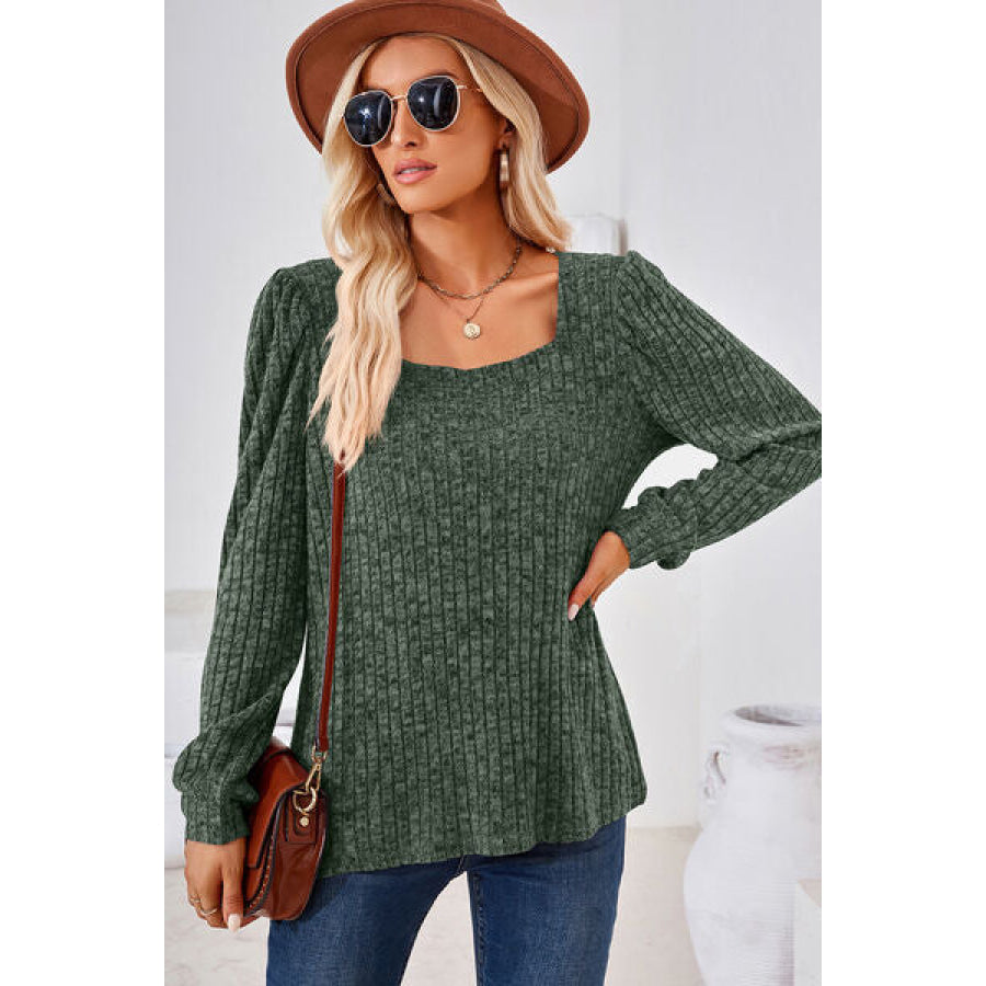 Ribbed Square Neck Long Sleeve T - Shirt Apparel and Accessories