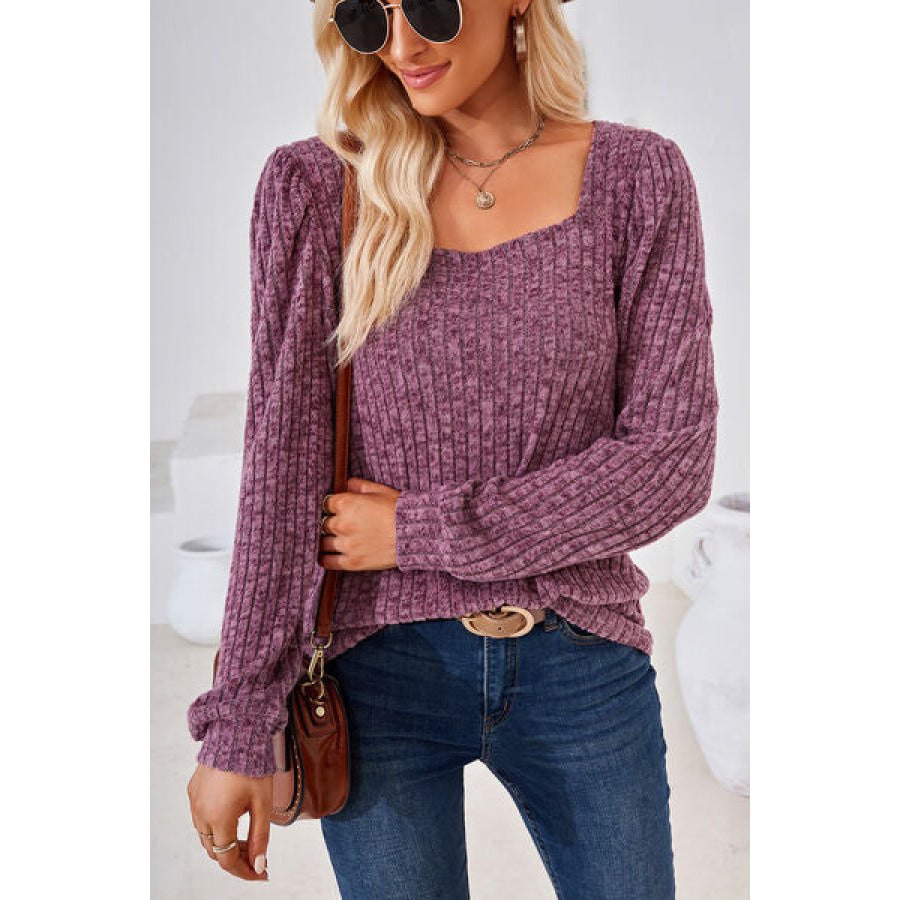 Ribbed Square Neck Long Sleeve T - Shirt Apparel and Accessories