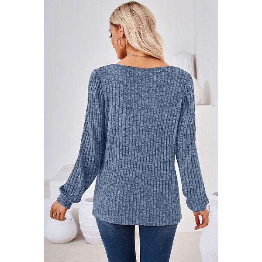 Ribbed Square Neck Long Sleeve T - Shirt Apparel and Accessories