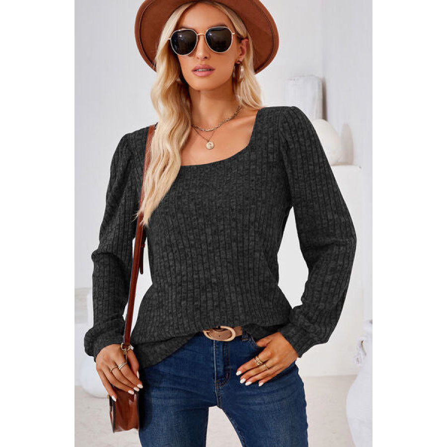 Ribbed Square Neck Long Sleeve T - Shirt Black / S Apparel and Accessories