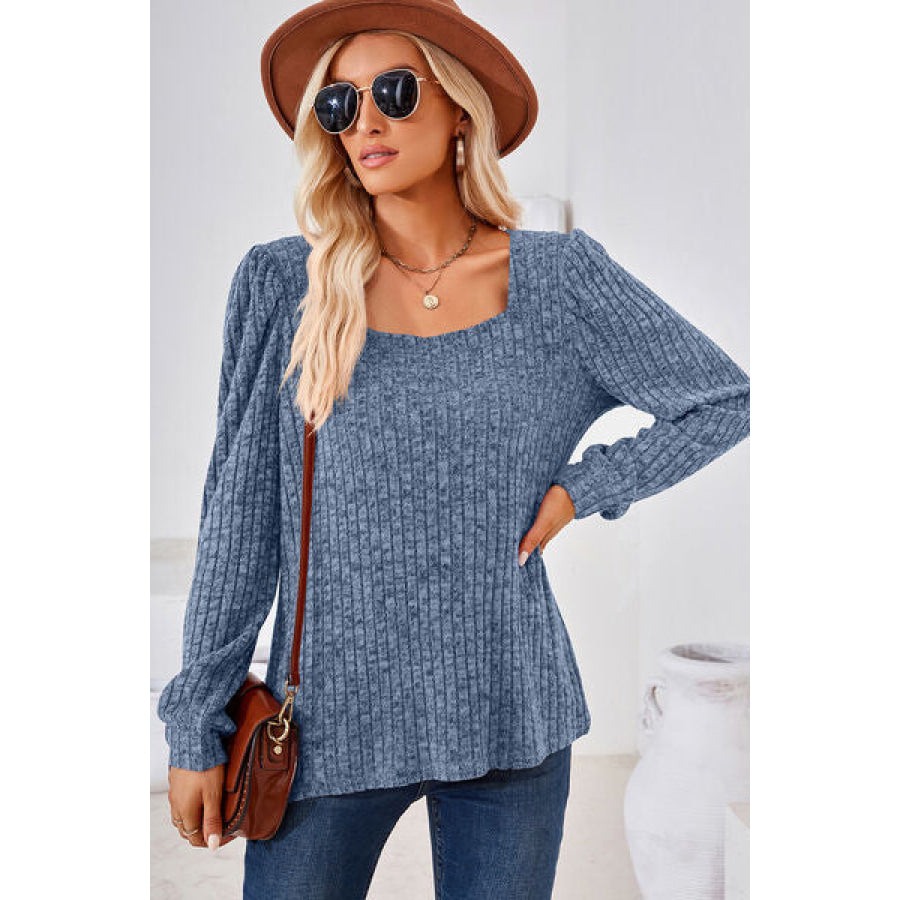 Ribbed Square Neck Long Sleeve T - Shirt Dusty Blue / S Apparel and Accessories