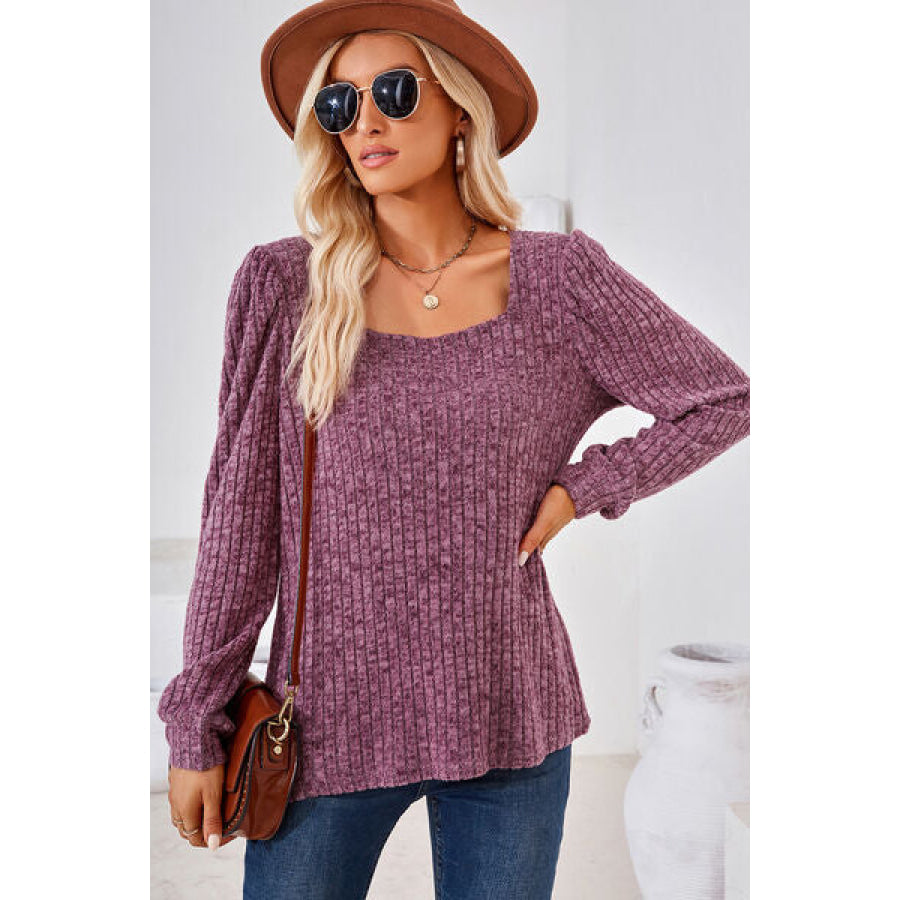Ribbed Square Neck Long Sleeve T - Shirt Fuchsia / S Apparel and Accessories