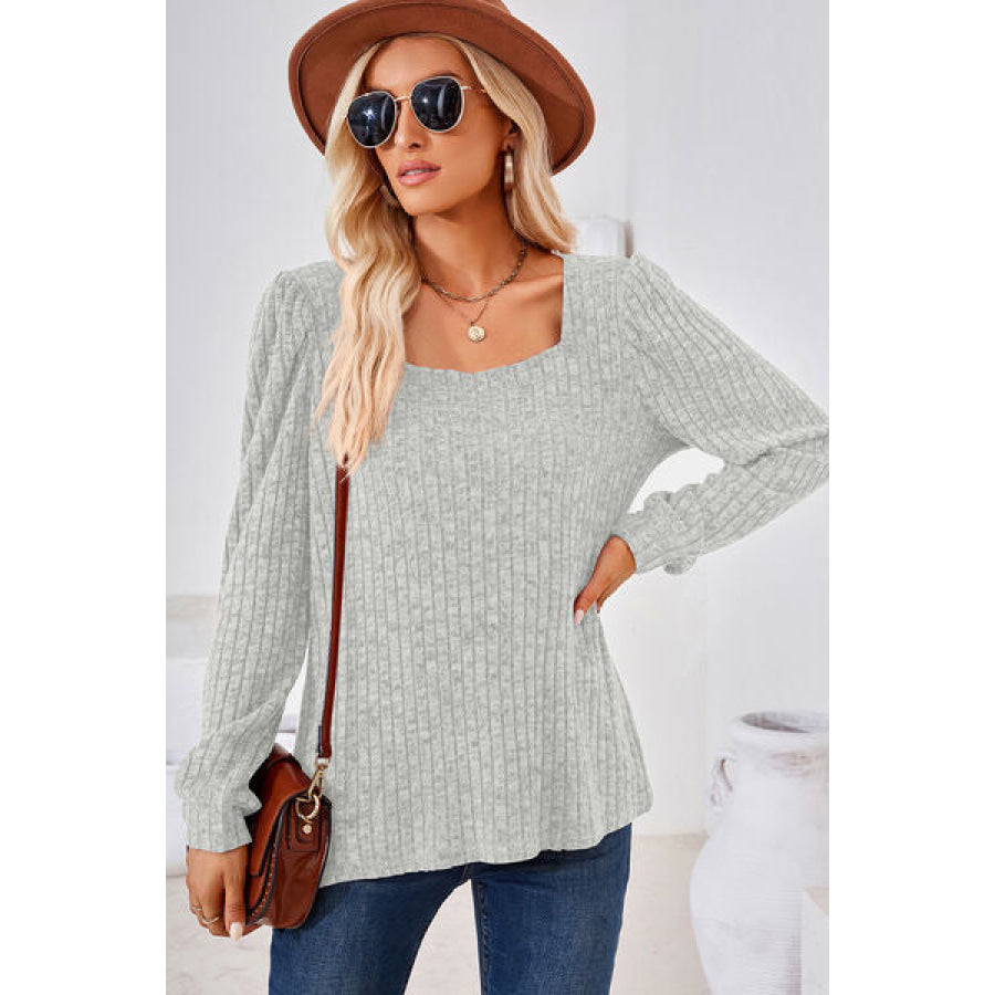 Ribbed Square Neck Long Sleeve T - Shirt Light Gray / S Apparel and Accessories