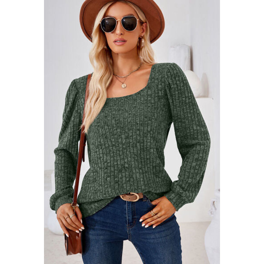 Ribbed Square Neck Long Sleeve T - Shirt Matcha Green / S Apparel and Accessories