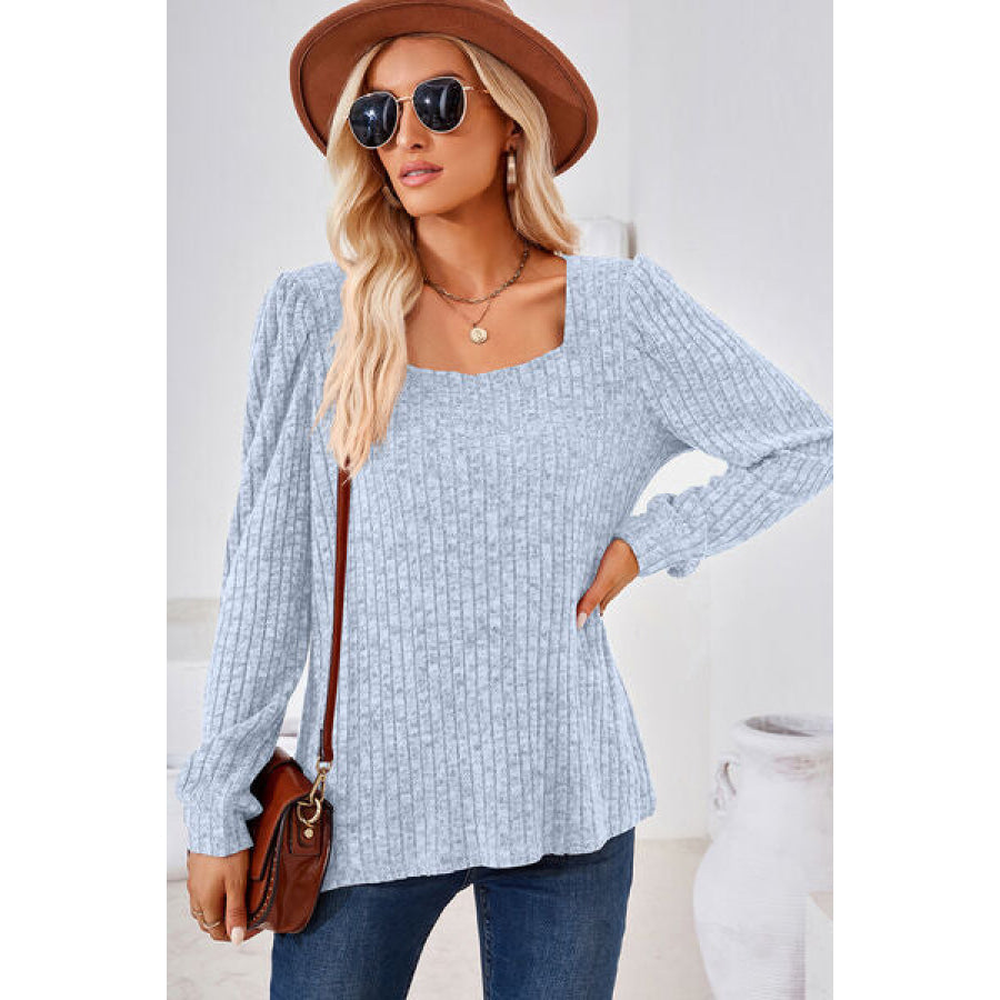 Ribbed Square Neck Long Sleeve T - Shirt Misty Blue / S Apparel and Accessories