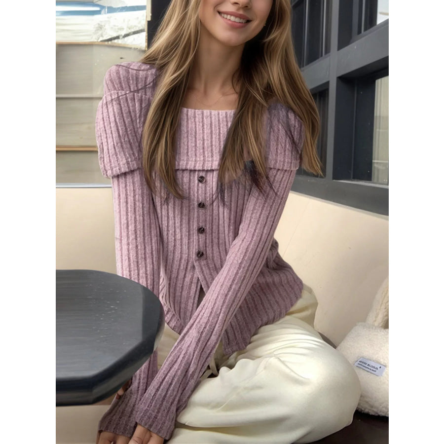 Ribbed Square Neck Long Sleeve Top Apparel and Accessories