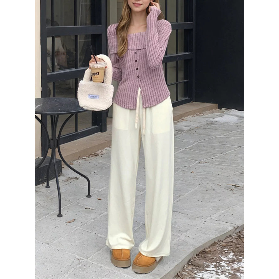 Ribbed Square Neck Long Sleeve Top Apparel and Accessories