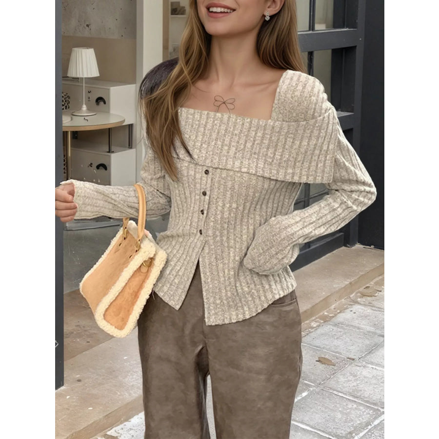 Ribbed Square Neck Long Sleeve Top Apparel and Accessories