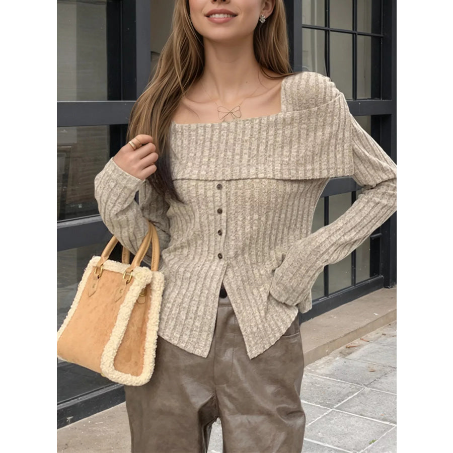 Ribbed Square Neck Long Sleeve Top Apparel and Accessories