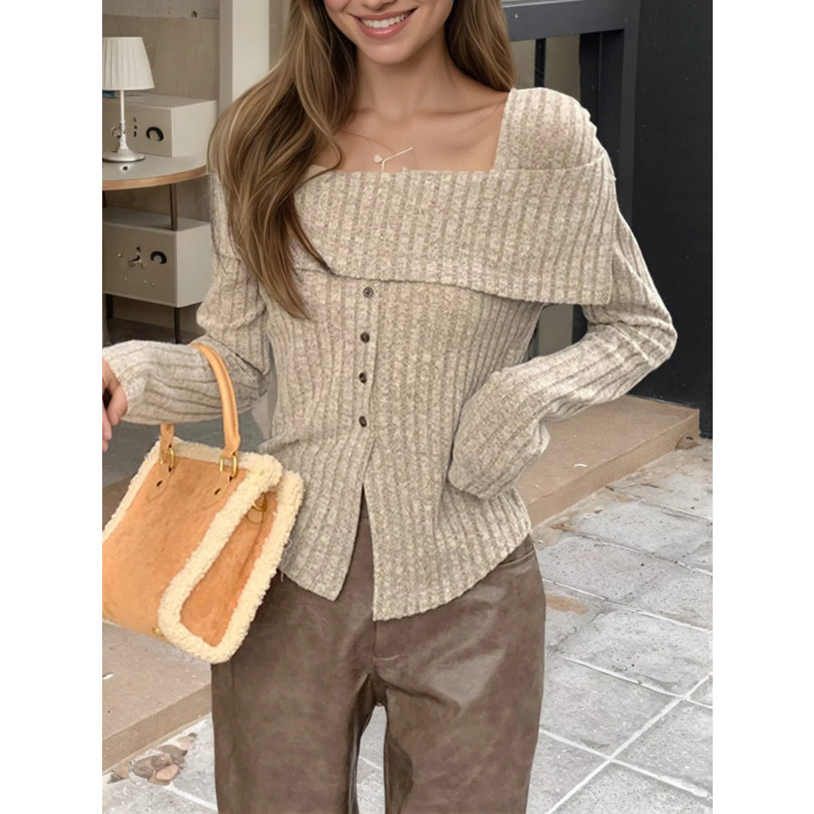 Ribbed Square Neck Long Sleeve Top Khaki / One Size Apparel and Accessories