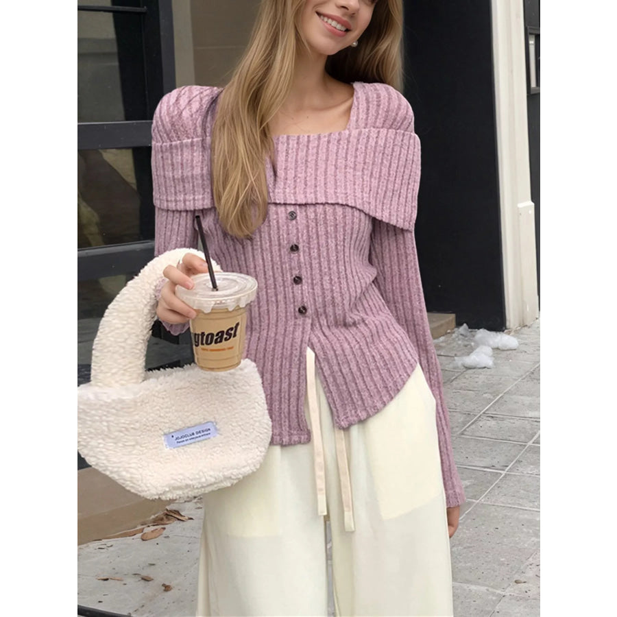 Ribbed Square Neck Long Sleeve Top Lilac / One Size Apparel and Accessories