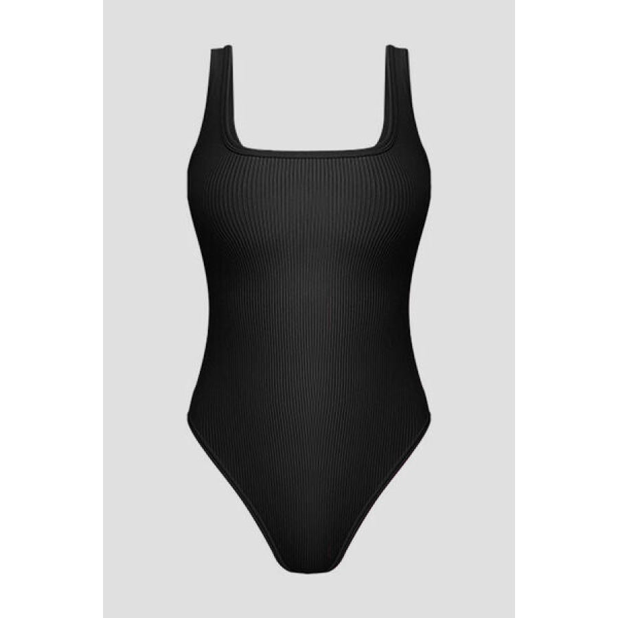 Ribbed Square Neck Sleeveless Active Bodysuit Black / S Clothing