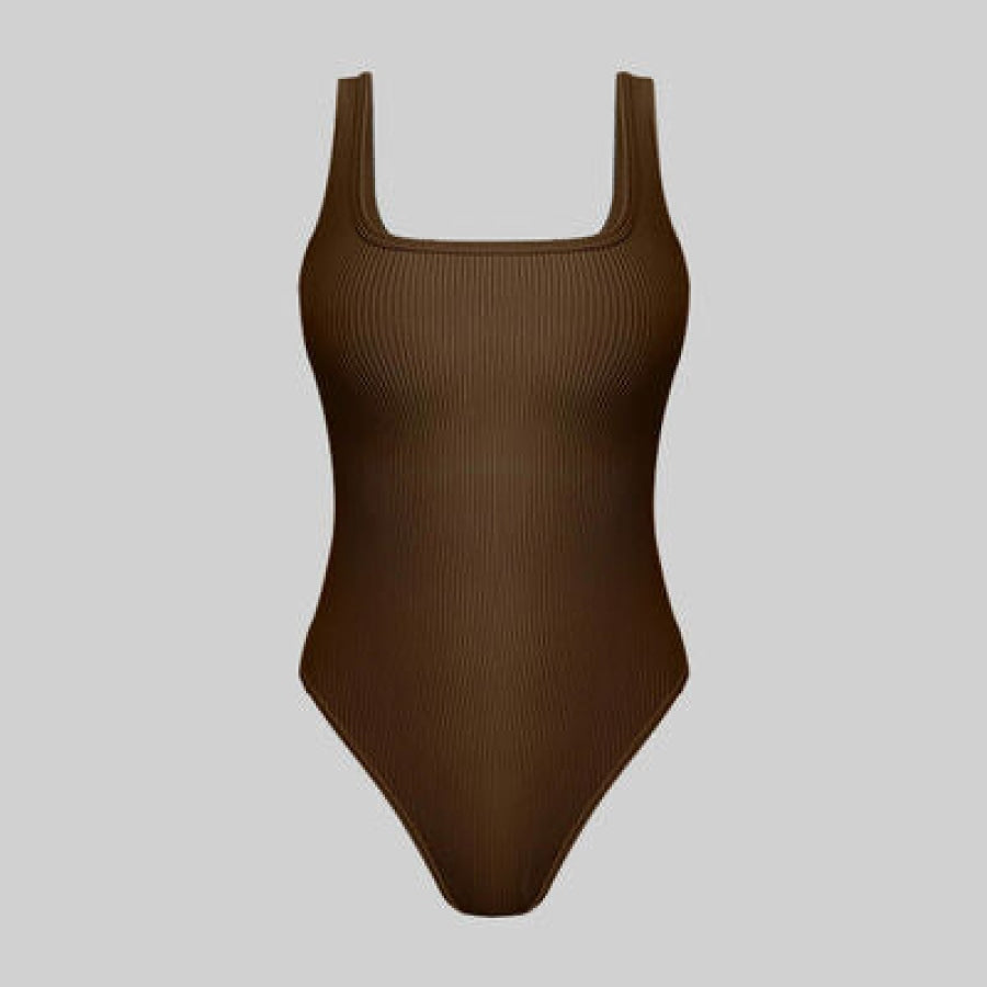 Ribbed Square Neck Sleeveless Active Bodysuit Chestnut / S Clothing