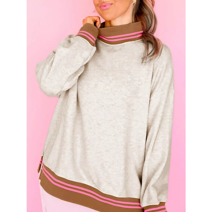 Ribbed Stand Neck Long Sleeve Loose Fit Sweatshirt Apparel and Accessories