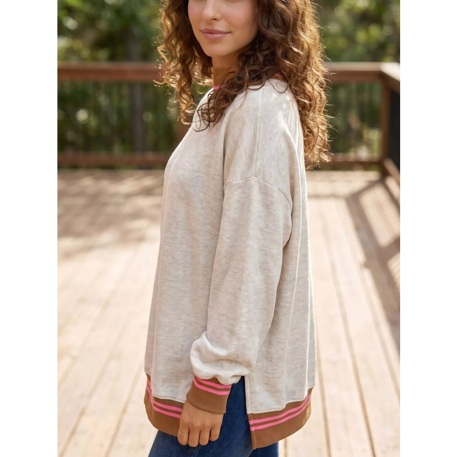 Ribbed Stand Neck Long Sleeve Loose Fit Sweatshirt Apparel and Accessories