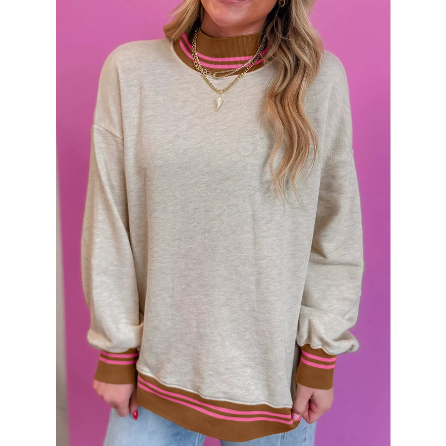 Ribbed Stand Neck Long Sleeve Loose Fit Sweatshirt Apparel and Accessories