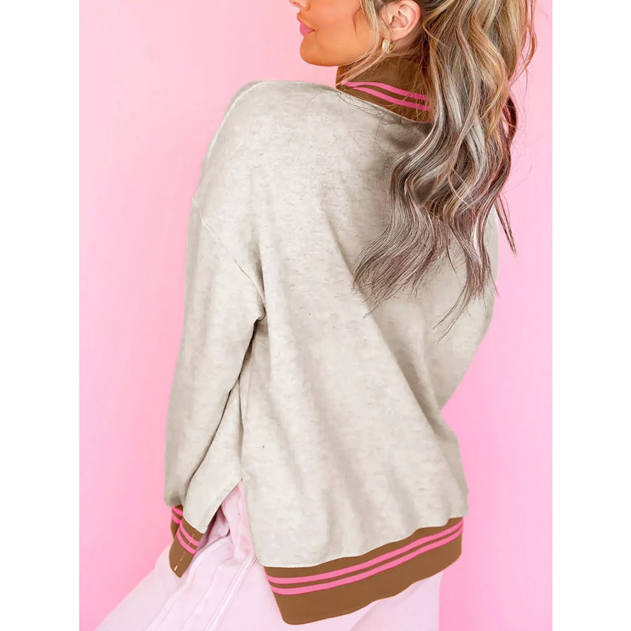Ribbed Stand Neck Long Sleeve Loose Fit Sweatshirt Apparel and Accessories