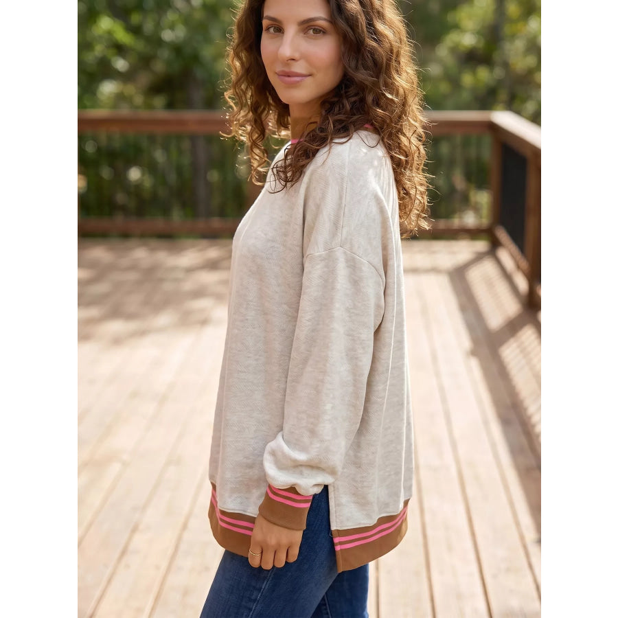 Ribbed Stand Neck Long Sleeve Loose Fit Sweatshirt Light Gray / S Apparel and Accessories