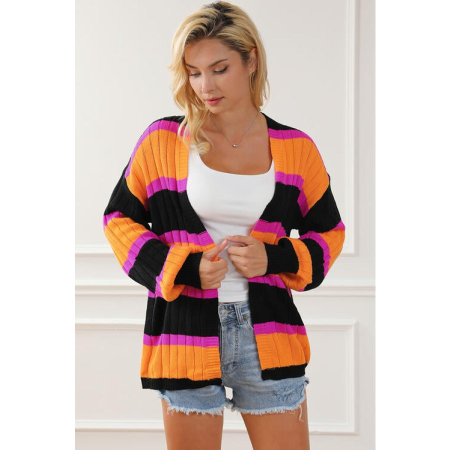 Ribbed Striped Open Front Long Sleeve Cardigan Black / S