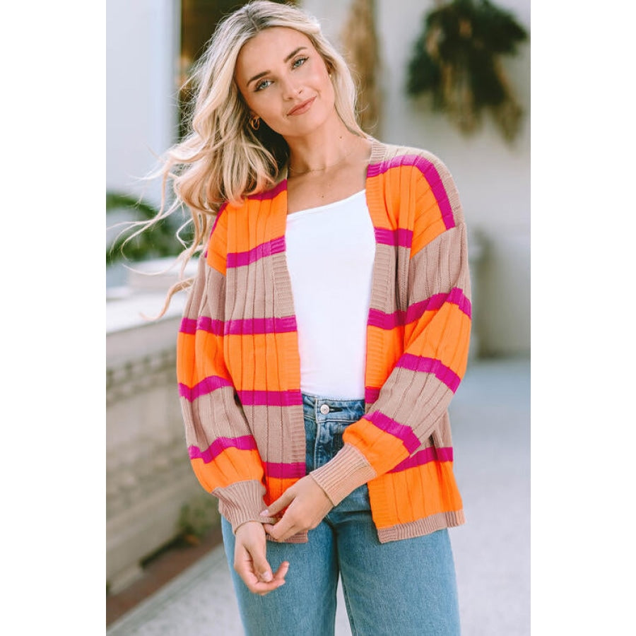 Ribbed Striped Open Front Long Sleeve Cardigan Orange / S