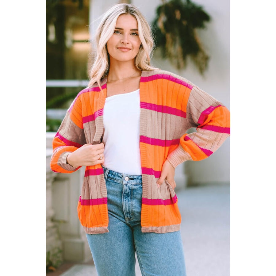 Ribbed Striped Open Front Long Sleeve Cardigan