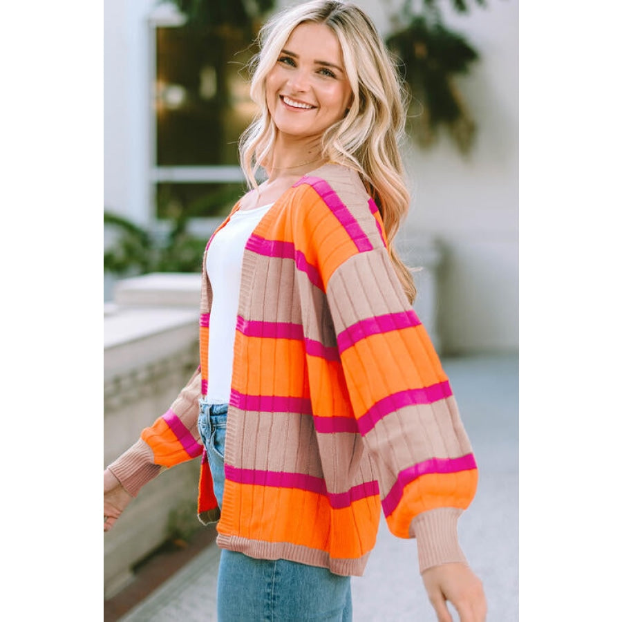 Ribbed Striped Open Front Long Sleeve Cardigan