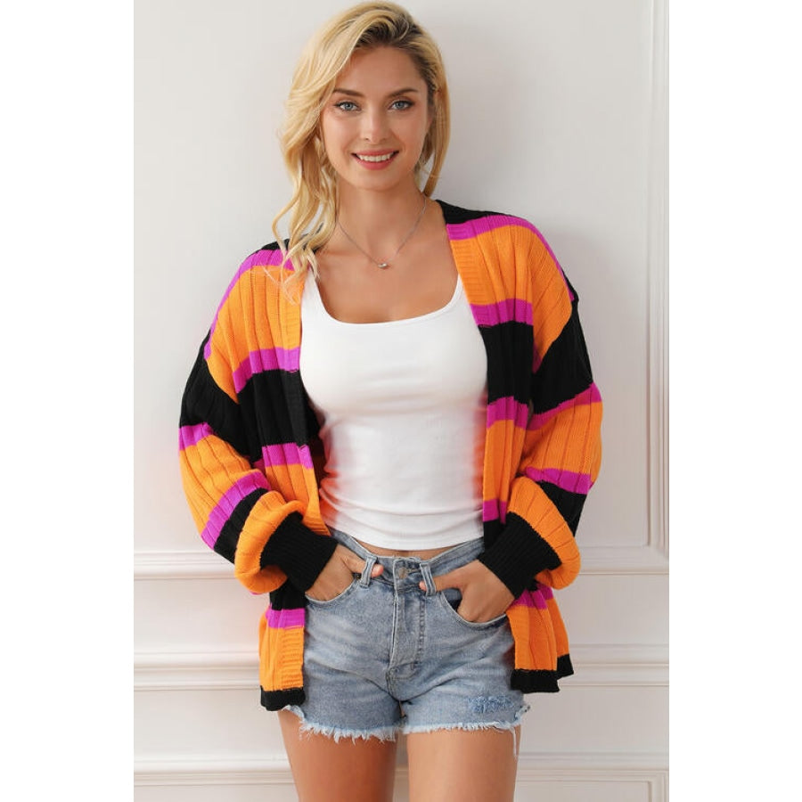 Ribbed Striped Open Front Long Sleeve Cardigan