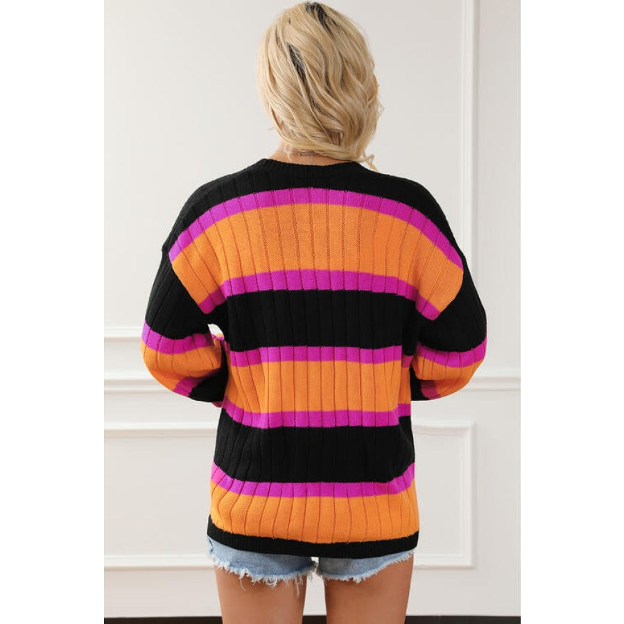 Ribbed Striped Open Front Long Sleeve Cardigan