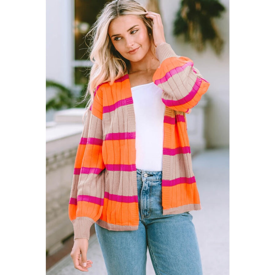 Ribbed Striped Open Front Long Sleeve Cardigan