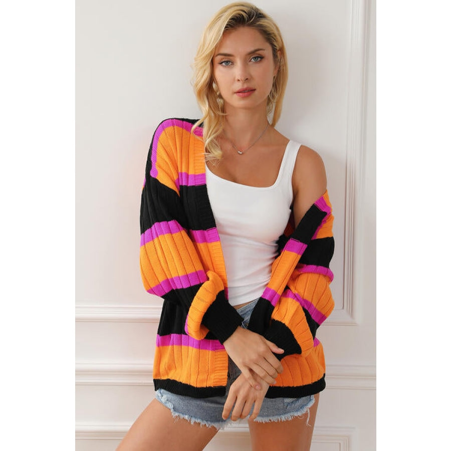 Ribbed Striped Open Front Long Sleeve Cardigan